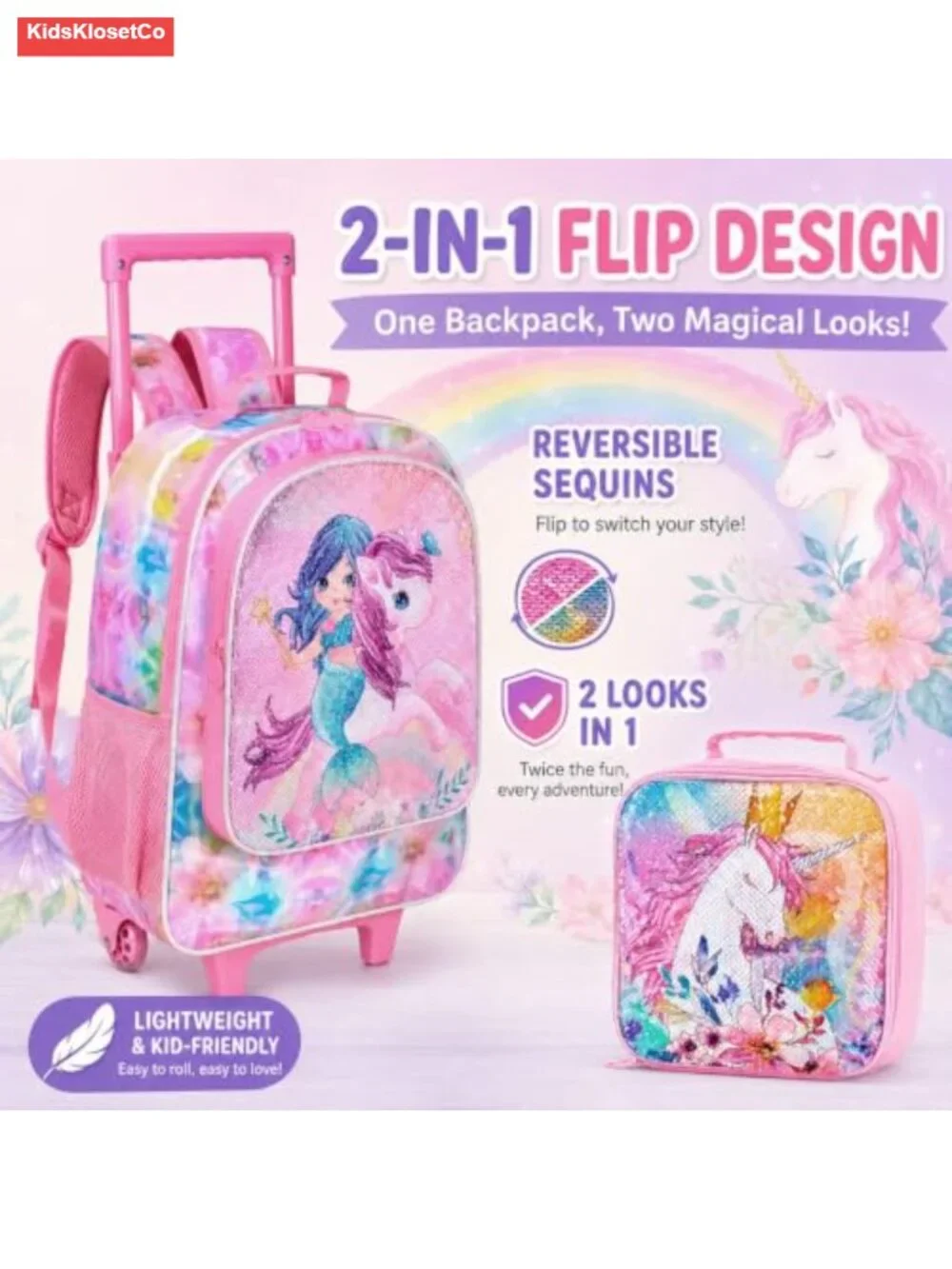 Rolling Backpack for Girls, Kids Unicorn Luggage with Wheels, 3-Piece Set with